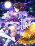  :| blue_bow blue_sky bow box_(hotpppink) breasts brown_eyes brown_hair cleavage closed_mouth clouds company_name dual_wielding fan floral_print flower folding_fan full_moon hair_bow hair_flower hair_ornament highres holding holding_fan long_sleeves moon night night_sky no_bra obi official_art outdoors red_footwear sash sengoku_kishin_valkyrie short_hair sky small_breasts solo standing standing_on_one_leg thigh-highs tree 