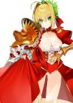  1girl absurdres ahoge blonde_hair braid breasts cleavage dress epaulettes fate/extra fate/grand_order fate_(series) fingerless_gloves french_braid gauntlets gloves green_eyes hair_intakes highres kou_mashiro large_breasts leotard nero_claudius_(fate) nero_claudius_(fate)_(all) olympian_bloomers pauldrons red_dress see-through skirt skirt_lift 