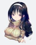  1girl bangs black_hair breast_hold breast_rest breasts cropped_torso crossed_arms grey_background hairband jiyu2 large_breasts long_hair original ribbed_sweater simple_background solo sweater turtleneck turtleneck_sweater violet_eyes white_hairband 