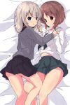  2girls bangs bed_sheet black_neckwear black_skirt blouse blue_eyes brown_eyes brown_hair closed_mouth commentary cuddling dress_shirt eyebrows_visible_through_hair from_above frown girls_und_panzer green_skirt grey_shirt hand_holding hand_in_another&#039;s_hair itsumi_erika kuromorimine_school_uniform legs long_hair long_sleeves looking_at_another looking_at_viewer looking_back lying midriff miniskirt multiple_girls navel neckerchief nishizumi_miho on_bed on_side ooarai_school_uniform open_mouth pleated_skirt school_uniform serafuku shirt short_hair silver_hair skirt smile tom_q_(tomtoq) white_blouse yuri 