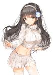  1girl bangs black_hair blush breasts casual closed_mouth clothes_lift commentary_request contrapposto cowboy_shot eyebrows_visible_through_hair flower girls_frontline groin hair_flower hair_ornament hairband highres large_breasts lee_seok_ho long_hair looking_at_viewer midriff navel panty_tug pleated_skirt qbz-95_(girls_frontline) ribbed_sweater sidelocks simple_background skirt smile solo standing stomach sweater sweater_lift thigh-highs turtleneck turtleneck_sweater very_long_hair white_background white_hairband white_legwear white_skirt white_sweater yellow_eyes zettai_ryouiki 