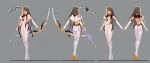  1girl 300_heroes absurdres arrow bow_(weapon) breasts capelet character_sheet elbow_gloves glasses gloves grey_background grey_hair headgear high_heels highres large_breasts leotard long_hair looking_at_viewer multiple_views orange_eyes pantyhose pelvic_curtain shiny shiny_clothes solo standing weapon white_legwear white_leotard zhuore_zhi_hen 