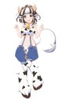  1girl :d animal_ears animal_print asahina_kokomi bangs bare_arms bare_shoulders battle_girl_high_school bell bell_collar blue_eyes blunt_bangs braid breasts brown_hair collar commentary cow_ears cow_girl cow_horns cow_print cow_tail eyebrows_visible_through_hair full_body fur fur_collar gluteal_fold hands_up highres holstaurus hooves horns large_breasts lee_xianshang long_hair looking_at_viewer monster_girl monster_girl_encyclopedia monsterification multicolored_hair navel o-ring open_mouth simple_background smile solo stomach streaked_hair suspenders tail thigh_gap two_side_up white_background white_hair 