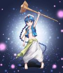  1boy :| absurdres aladdin_(magi) arm_up barefoot blue_eyes blue_hair closed_mouth flute hair_ornament hat highres holding holding_staff instrument long_hair looking_at_viewer magi_the_labyrinth_of_magic male_focus nani_(goodrich) navel sarashi simple_background solo staff standing very_long_hair white_hat 