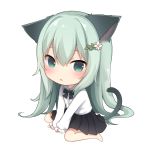  1girl :o amashiro_natsuki animal_ears arm_support bangs barefoot between_legs black_bow black_skirt blush bow cat_ears cat_girl cat_tail chibi collared_shirt commentary_request eyebrows_visible_through_hair flower full_body green_eyes green_hair hair_between_eyes hair_flower hair_ornament hand_between_legs long_hair long_sleeves looking_at_viewer original parted_lips pleated_skirt puffy_long_sleeves puffy_sleeves shirt simple_background sitting skirt solo tail very_long_hair wariza white_background white_flower white_shirt 