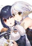  2girls akizone au_ra bare_shoulders blush brown_eyes dutch_angle eyebrows_visible_through_hair final_fantasy final_fantasy_xiv flying_sweatdrops highres hug hug_from_behind looking_at_another multiple_girls one_eye_closed parted_lips purple_hair red_eyes short_hair silver_hair simple_background white_background yuri 