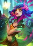  1girl absurdres blue_hair breasts bug butterfly commentary english_commentary fingernails flower hair_flower hair_ornament highres insect jewelry league_of_legends lizard_girl lizard_tail loincloth medium_hair midriff monori_rogue monster_girl multicolored_hair nail_polish navel neeko_(league_of_legends) nose one_eye_closed pendant pink_lips pink_nails purple_hair sharp_fingernails small_breasts solo tail yellow_eyes 