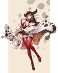 1girl ahoge animal_print bell breasts brown_hair cleavage commentary_request cow_print highres horns huge_breasts long_hair looking_at_viewer milk milk_churn mole mole_on_breast original orry red_eyes red_legwear sandals skindentation smile thigh-highs thighs very_long_hair virtual_youtuber 