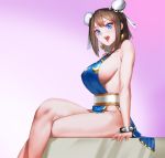  1girl :d bare_shoulders blue_dress blue_eyes bracelet breasts brown_hair bun_cover capcom china_dress chinese_clothes chun-li double_bun dress earrings gzy hair_between_eyes highres jewelry large_breasts legs legs_crossed looking_at_viewer open_mouth pelvic_curtain pink_background sash sideboob sitting smile spiked_bracelet spikes street_fighter thick_thighs thighs 