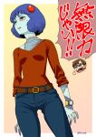  1girl belt blue_hair blue_pants blue_skin breasts commentary_request contrapposto denim gradient gradient_background highres jeans kitty_kitten kouda_tomohiro long_sleeves pants parted_lips pink_background red_eyes red_sweater short_hair small_breasts surgical_scar sweatdrop sweater twitter_username watch watch zombie zombie_land_saga 