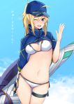  1girl ;d absurdres ahoge arm_behind_back artoria_pendragon_(all) baseball_cap bikini blonde_hair blue_background blue_eyes blue_hat breasts cleavage clouds cowboy_shot fate/grand_order fate_(series) hair_between_eyes hat highres holding holding_weapon mysterious_heroine_xx_(foreigner) nanakaku navel one_eye_closed open_mouth ponytail shrug_(clothing) sideboob sidelocks smile solo standing swimsuit thigh_strap weapon white_bikini wristband 