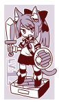 1girl :d animal_ear_fluff animal_ears bangs blush_stickers boots bow cat_ears cat_girl cat_tail eyebrows_visible_through_hair fang gloves greyscale hair_between_eyes hair_bow holding holding_shield holding_sword holding_weapon long_hair looking_at_viewer monochrome naga_u neckerchief open_mouth original pleated_skirt ponytail sailor_collar school_uniform serafuku shield shirt short_eyebrows short_sleeves skirt smile solo standing sword tail thick_eyebrows thigh-highs thighhighs_under_boots weapon 
