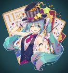  1girl ;d arm_strap black_hat blue_eyes blue_hair dress_shirt eyebrows_visible_through_hair floating_hair gloves gradient_hair green_background hair_between_eyes hair_over_one_eye hat hat_ribbon hatsune_miku holding holding_wand long_hair multicolored_hair nagu necktie one_eye_closed open_mouth pink_hair pleated_skirt red_neckwear red_ribbon red_skirt ribbon shirt short_necktie skirt sleeveless sleeveless_shirt smile solo star_hat_ornament striped_hat twintails two-tone_hair upper_body very_long_hair vocaloid wand white_gloves white_shirt 