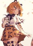  1girl animal_ear_fluff animal_ears black_hair blonde_hair bow bowtie cassette_player center_frills commentary_request cowboy_shot elbow_gloves eyebrows_visible_through_hair from_below fur_collar gloves high-waist_skirt jaguar_(kemono_friends) jaguar_ears jaguar_print jaguar_tail kemono_friends multicolored_hair musical_note pleated_skirt print_gloves print_legwear short_hair short_sleeves skirt solo tail thigh-highs yellow_eyes zettai_ryouiki zosy_gy 