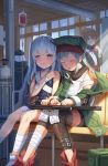  4girls absurdres assault_rifle bandage bandaged_feet bandaged_leg bandaged_neck bandages bangs beret black_hat black_shorts blood blue_eyes blush boots character_request closed_mouth coat collarbone dress from_behind fur_trim g11 g11_(girls_frontline) girls_frontline goback green_eyes green_hat green_jacket gun hair_between_eyes hair_ornament hairclip hand_up hat highres holding holding_gun holding_object holding_weapon intravenous_drip jacket jacket_on_shoulders kar98k_(girls_frontline) knee_pads knees_together_feet_apart long_hair looking_at_another messy_hair multiple_girls open_clothes open_coat parted_lips red_footwear ribeyrolles_1918_(girls_frontline) rifle shorts shoulder_cutout silver_hair sitting sleeping smile submachine_gun very_long_hair wavy_hair weapon white_hair 