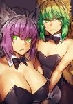  2girls ahoge animal_ears atalanta_(alter)_(fate) atalanta_(fate) bangs bare_shoulders black_leotard black_neckwear blonde_hair bow bowtie breasts cat_ears cleavage detached_collar dual_persona eyebrows_visible_through_hair fate/apocrypha fate_(series) gradient_hair green_eyes green_hair highres large_breasts leotard long_hair looking_at_viewer melon22 multicolored_hair multiple_girls parted_lips purple_background purple_hair simple_background small_breasts sweatdrop tray wrist_cuffs 