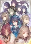  6+boys alice_(sinoalice) black_choker black_jacket blue_eyes blue_hair blue_shirt bow bowtie braid breasts briar_rose_(sinoalice) brown_eyes brown_hair brown_hat character_request choker cleavage closed_mouth collared_shirt commentary_request earphones eyebrows_visible_through_hair floating_hair fur_trim glasses green_eyes green_hair gretel_(sinoalice) grey_eyes grey_neckwear hair_bow hair_over_one_eye hat hat_ornament highres hood hoodie hoshizaki_reita jacket little_red_riding_hood_(sinoalice) long_hair looking_at_viewer medium_breasts multiple_boys necktie nurse_cap one_eye_covered open_mouth parted_lips ponytail purple_bow purple_hair redhead rown shirt short_hair short_sleeves sideways_mouth signature sinoalice violet_eyes white_shirt wing_collar 