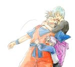  &gt;:( 1girl 2boys ;d amputee azuma_(shinra) black_hair blue_eyes bulma dougi dragon_ball dragonball_z earrings eyebrows_visible_through_hair hug hug_from_behind jewelry mother_and_son multiple_boys nervous nervous_smile one_eye_closed open_mouth outstretched_arm purple_hair scar short_hair simple_background smile son_gohan standing sweatdrop trunks_(dragon_ball) upper_body white_background wristband 