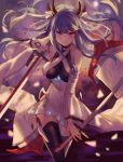  1girl azur_lane bare_shoulders bekko blue_hair breasts commentary_request cowboy_shot detached_sleeves dual_wielding eyebrows_visible_through_hair heterochromia highres holding horns ibuki_(azur_lane) large_breasts long_hair looking_at_viewer smile solo sword thigh-highs weapon wide_sleeves 