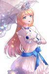  1girl :d blue_bow blue_eyes blue_flower bow breasts cleavage commission crown dress flower gloves holding holding_umbrella hsmoji jewelry long_hair open_mouth original parasol small_breasts smile solo standing umbrella very_long_hair white_background white_dress white_gloves 