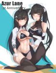  2girls animal_ears anniversary atago_(azur_lane) azur_lane bikini black_hair black_legwear bow breasts brown_eyes brown_legwear character_name chinese_commentary commentary_request elbow_gloves extra_ears feet_out_of_frame full_body gloves hair_bow high_heels highleg highleg_bikini highleg_swimsuit highres kneeling large_breasts leotard logo looking_at_viewer mole mole_under_eye multicolored multicolored_background multicolored_leotard multiple_girls pantyhose ponytail racequeen shrug_(clothing) sitting swimsuit takao_(azur_lane) thigh-highs two-tone_bikini wariza white_bow white_footwear wolf_ears wrist_cuffs yusha_(m-gata) 