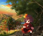  1girl black_legwear blue_sky city clouds commentary_request fence grass hair_ornament highres lake landscape leaf_hair_ornament long_sleeves mountain nature open_mouth orange_sky outdoors purple_hair red_shirt revision road rope shirt short_hair skirt sky solo standing tatuhiro touhou yasaka_kanako yellow_eyes younger 