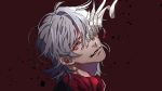 1boy character_request fate/grand_order fate_(series) grey_hair hair_between_eyes head_tilt looking_at_viewer male_focus one_eye_covered parted_lips portrait red_background red_eyes red_scarf scarf solo tenobe 