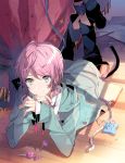  1boy amemura_ramuda androgynous belt black_footwear black_pants blue_eyes blue_jacket candy closed_mouth commentary_request eihi eyebrows_visible_through_hair food hypnosis_mic jacket lollipop long_sleeves looking_at_viewer lying male_focus on_floor on_stomach pants pin pincushion pink_hair shoes smile solo tape_measure 