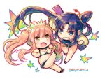  2girls bangs bare_arms bare_shoulders bikini black_footwear blue_bikini blue_eyes breasts brown_eyes brown_footwear brown_hair chibi cleavage clenched_teeth commentary_request eyebrows_visible_through_hair fate/grand_order fate_(series) hagino_kouta hair_between_eyes long_hair long_sleeves medb_(fate)_(all) medb_(swimsuit_saber)_(fate) medium_breasts multiple_girls open_mouth outstretched_arm pink_hair puffy_long_sleeves puffy_sleeves shoe_soles side_ponytail sidelocks simple_background swimsuit teeth thick_eyebrows tiara twintails twitter_username ushiwakamaru_(fate/grand_order) ushiwakamaru_(swimsuit_assassin)_(fate) v-shaped_eyebrows very_long_hair white_background white_bikini 