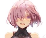  1girl :d eyes_visible_through_hair fate/grand_order fate_(series) hair_between_eyes looking_at_viewer mash_kyrielight open_mouth portrait purple_hair saihate_(d3) short_hair signature simple_background smile solo violet_eyes white_background 