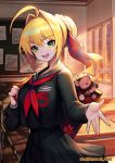  1girl :d ahoge bag_charm blonde_hair charm_(object) fate/grand_order fate_(series) green_eyes highres indoors kyundoo looking_at_viewer nero_claudius_(fate) nero_claudius_(fate)_(all) open_mouth smile solo 