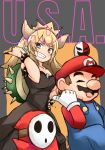  1boy 1girl :d barashiya bare_shoulders black_dress black_nails blonde_hair blue_earrings blue_eyes bowsette bracelet brooch cabbie_hat closed_eyes commentary crown dress eyebrows_visible_through_hair gloves grin hand_on_hip hat highres jewelry mario super_mario_bros. nail_polish new_super_mario_bros._u_deluxe nintendo open_mouth overalls pointing pointy_ears red_hat red_shirt sharp_teeth shirt shy_guy sketch smile spiked_armlet spiked_bracelet spiked_shell spikes strapless strapless_dress super_crown teeth turtle_shell u.s.a. v-shaped_eyebrows white_gloves 