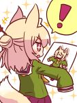  ! +++ +_+ 1girl animal_ear_fluff animal_ears bangs blonde_hair blush drawing eyebrows_visible_through_hair fox_ears fox_girl fox_tail green_shirt hair_between_eyes hair_bun hair_ornament holding kemomimi-chan_(naga_u) long_sleeves looking_away naga_u orange_neckwear original pleated_skirt profile purple_skirt sailor_collar school_uniform serafuku shirt sidelocks simple_background skirt sleeves_past_fingers sleeves_past_wrists solo sparkle spoken_exclamation_mark tail tail_raised white_background white_sailor_collar 