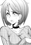  1girl blush breasts choker collarbone earrings jewelry large_breasts long_sleeves monochrome okyou ribbed_shirt shirt short_hair solo the_king_of_fighters whip_(kof) 