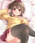  1girl absurdres ass bangs bare_shoulders bed_sheet blush breasts brown_hair brown_legwear commentary_request eyebrows_visible_through_hair frilled_pillow frills hair_between_eyes hair_ornament hair_scrunchie hand_up high_ponytail highres hori_yuuko idolmaster idolmaster_cinderella_girls legs_crossed long_hair long_sleeves off-shoulder_sweater panties pillow pleated_skirt ponytail red_eyes red_scrunchie red_skirt scrunchie skirt sleeves_past_wrists small_breasts solo sora_(silent_square) sweater thigh-highs underwear white_panties yellow_sweater 