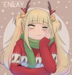  1girl alternate_hairstyle artist_name bell blonde_hair blush boku_no_hero_academia bored commentary english_commentary enlay fake_antlers frown hair_bell hair_ornament hand_on_own_cheek highres jingle_bell long_hair looking_at_viewer scarf solo sweater toga_himiko twintails yellow_eyes 