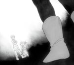  1girl 2boys :d arm_up black_background boots bulma crossed_arms dougi dragon_ball dragonball_z dress dutch_angle father_and_son full_body gradient gradient_background grey_background happy head_out_of_frame height_difference mother_and_son multiple_boys neckerchief no_eyes open_mouth ousamasuteki out_of_frame short_hair simple_background sleeveless sleeveless_dress smile standing trunks_(dragon_ball) vegeta white_background 