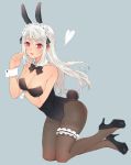  1girl absurdres animal_ears black_bow black_footwear black_legwear black_leotard black_ribbon bow bowtie breasts bunny_girl bunny_tail bunnysuit chiyomaru_(yumichiyo0606) choker cleavage collarbone eyebrows_visible_through_hair floating_hair full_body grey_background hair_between_eyes hair_ribbon heart high_heels highres large_breasts leotard long_hair looking_at_viewer maid_headdress original pantyhose parted_lips pumps rabbit_ears red_eyes red_lips ribbon silver_hair simple_background strapless strapless_leotard tail wrist_cuffs 