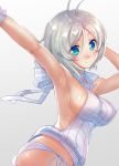  1girl antenna_hair armpits arms_up bare_shoulders blue_eyes blush breasts commentary_request dennou_shoujo_youtuber_shiro large_breasts looking_at_viewer meme_attire panties sasayuki shiro_(dennou_shoujo_youtuber_shiro) short_hair side-tie_panties sideboob silver_hair skirt sleeveless smile solo underwear virgin_killer_sweater 