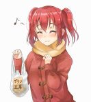  1girl ^_^ bag bangs blush brown_scarf closed_eyes closed_eyes closed_mouth coat commentary_request duffel_coat eighth_note eyebrows_visible_through_hair facing_viewer hair_between_eyes holding holding_bag kurosawa_ruby long_hair love_live! love_live!_sunshine!! musical_note plastic_bag red_coat redhead scarf shopping_bag simple_background sin_(sin52y) smile solo two_side_up upper_body white_background 