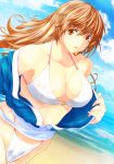  1girl bangs beach bikini bikini_under_clothes blue_sky blush breasts brown_eyes brown_hair cleavage clouds cloudy_sky collarbone commentary_request cute day dead_or_alive dead_or_alive_xtreme eyebrows_visible_through_hair floral_print hair_down japanese_clothes kasumi_(doa) kettsu koei_tecmo large_breasts long_hair looking_at_viewer ninja open_clothes outdoors parted_lips print_bikini sand sash sky solo standing swimsuit white_bikini 