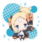  1girl abigail_williams_(fate/grand_order) bangs black_bow black_jacket black_legwear blonde_hair blue_buruma blue_eyes blush bow buruma chibi commentary_request fate/grand_order fate_(series) full_body gym_shirt gym_uniform hair_blowing hair_bun jacket kneehighs long_sleeves looking_at_viewer milkpanda navel open_clothes open_jacket orange_bow parted_bangs parted_lips shirt sleeves_past_fingers sleeves_past_wrists solo white_shirt 