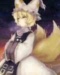  1girl absurdres blonde_hair commentary_request dress expressionless fox_tail frilled_sleeves frills grey_eyes hands_in_opposite_sleeves hat highres long_sleeves multiple_tails ofuda pillow_hat sakuratsuki short_hair tabard tail touhou white_dress yakumo_ran 