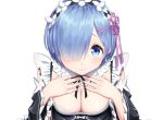  1girl bangs black_ribbon blue_eyes blue_hair breasts hair_over_one_eye hand_on_own_chest headband looking_at_viewer maid pink_ribbon re:zero_kara_hajimeru_isekai_seikatsu rem_(re:zero) ribbon short_hair simple_background solo yasuyuki 