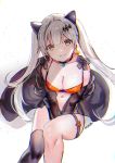  1girl :3 animal_ears between_legs bikini black_choker breasts cat_ears choker cleavage closed_mouth commentary earrings english_commentary five-seven_(girls_frontline) girls_frontline hair_ornament halloween hand_between_legs head_tilt jewelry large_breasts leg_strap looking_at_viewer mirutu navel orange_bikini signature single_thighhigh sitting smile solo swimsuit thigh-highs twintails yellow_eyes 
