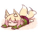  1girl afterimage animal_ear_fluff animal_ears bangs blonde_hair blush closed_eyes eyebrows_visible_through_hair facing_viewer fox_ears fox_girl fox_tail full_body green_shirt hair_bun hair_ornament kemomimi-chan_(naga_u) long_hair long_sleeves lying naga_u no_shoes on_stomach original pleated_skirt purple_skirt ribbon-trimmed_legwear ribbon_trim shirt sidelocks skirt sleeves_past_fingers sleeves_past_wrists solo tail tail_raised tail_wagging thigh-highs white_background white_legwear 