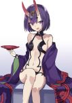  100 1girl alcohol breasts choker cup fate/grand_order fate_(series) highres holding horns long_sleeves looking_at_viewer navel open_mouth purple_hair sakazuki sake short_hair shuten_douji_(fate/grand_order) sideboob simple_background sitting sketch small_breasts solo under_boob violet_eyes white_background 
