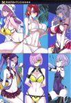  6+girls absurdres arms_behind_back ass_visible_through_thighs bare_shoulders boudica_(fate/grand_order) breasts carmilla_(fate/grand_order) cleavage collarbone covered_navel cropped eyewear_on_head fate/grand_order fate_(series) florence_nightingale_(fate/grand_order) food fruit hat highres holding honjou_raita huge_filesize jack_the_ripper_(fate/apocrypha) large_breasts looking_at_viewer mash_kyrielight multiple_girls one-piece_swimsuit open_mouth page_number popsicle scan scar simple_background small_breasts sunglasses swimsuit wu_zetian_(fate/grand_order) 