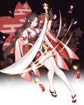  1girl ahoge bangs bell brown_gloves brown_hair closed_mouth commentary_request facial_mark forehead_mark full_body gloves hakama_skirt hanami_dango_(zzldango) highres holding holding_sword holding_weapon long_hair looking_at_viewer onmyoji orange_eyes parted_bangs red_skirt sandals skirt solo sword tabi thigh-highs very_long_hair weapon white_legwear youtouhime zettai_ryouiki 