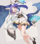  1girl :d animal_ear_fluff animal_ears arm_up azur_lane black_footwear blue_bow blue_eyes blue_hair blue_skirt bow breasts cleavage copyright_name fan flower folding_fan fox_ears fox_tail fur_trim hair_flower hair_ornament holding holding_fan jintsuu_(azur_lane) large_breasts layered_skirt legs loafers long_hair long_sleeves looking_at_viewer miniskirt obi open_mouth ponytail sash shoes skirt smile socks solo tail white_skirt wide_sleeves ya99ru 